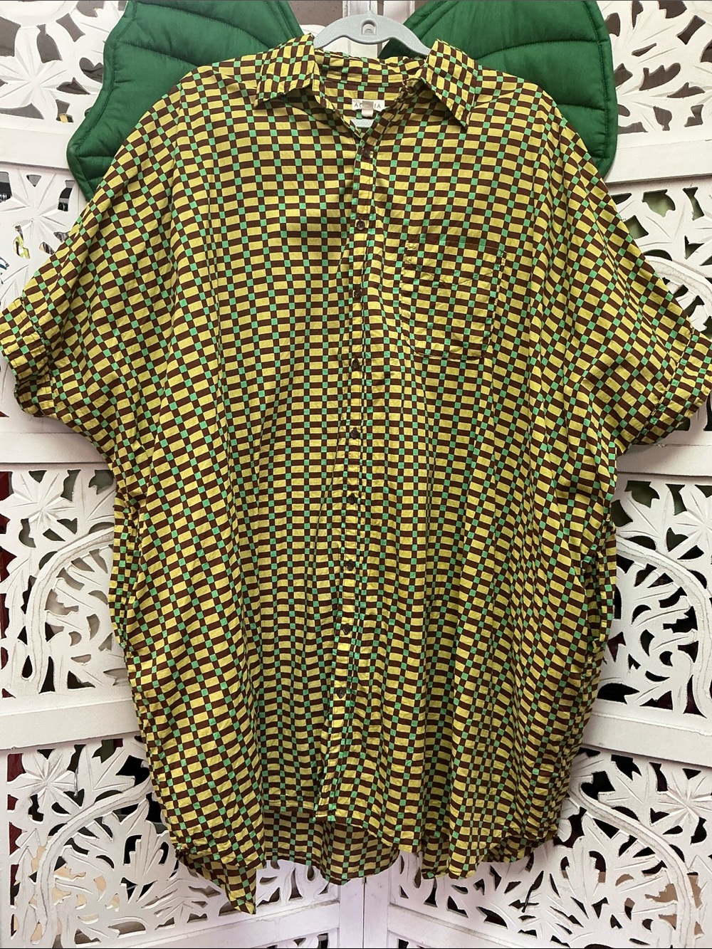NWOT Acacia Swimwear Meeya button up dress, color: grn/yellow/brn check. M/L